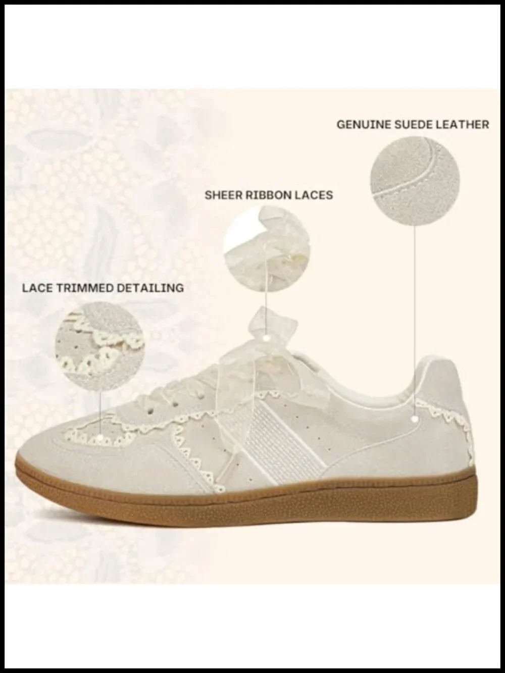 Fashion Sneakers with Lace Detail Ribbon Lace-Up Leather Upper Memory Foam